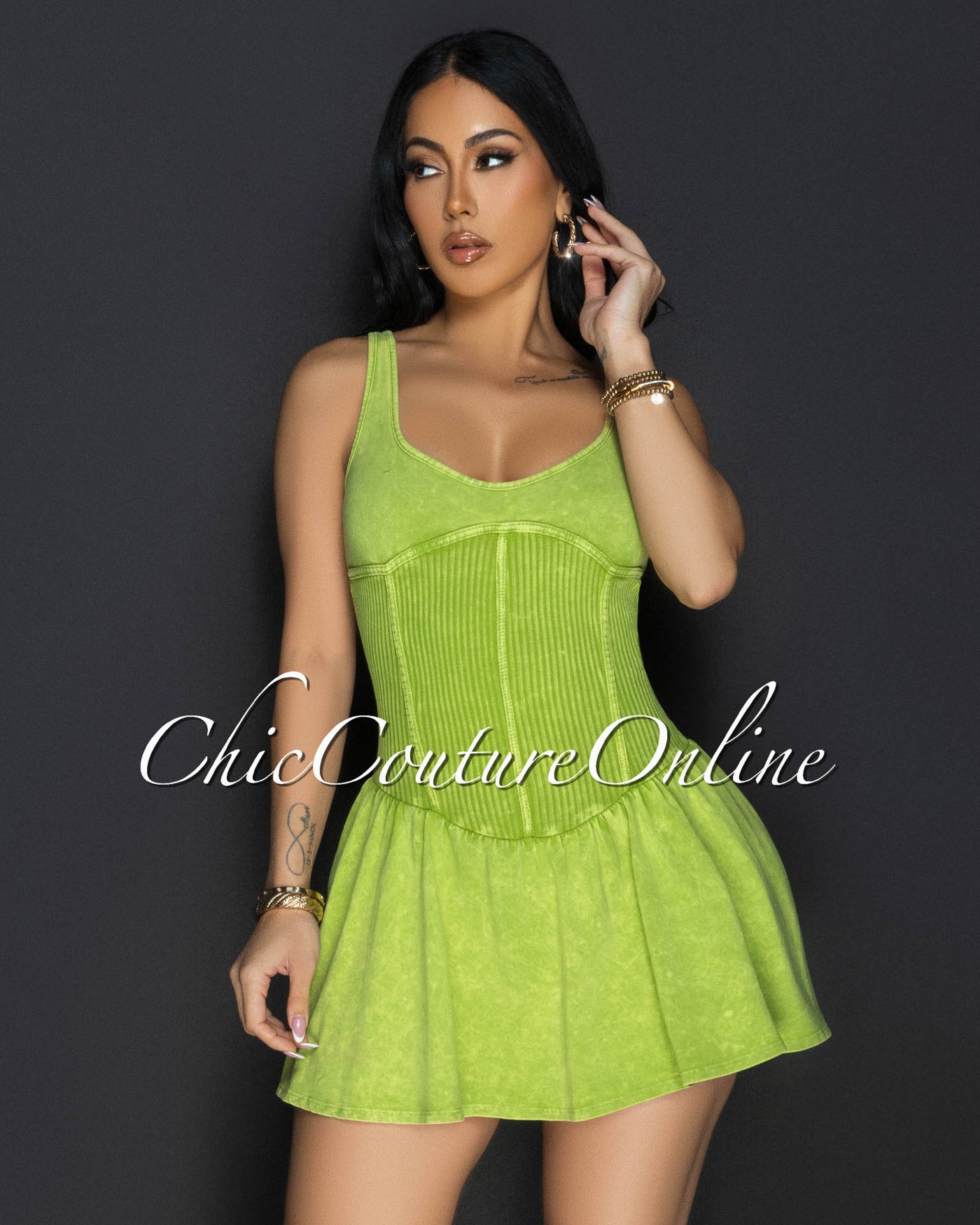 Plara Green Distressed Ribbed Skort Dress