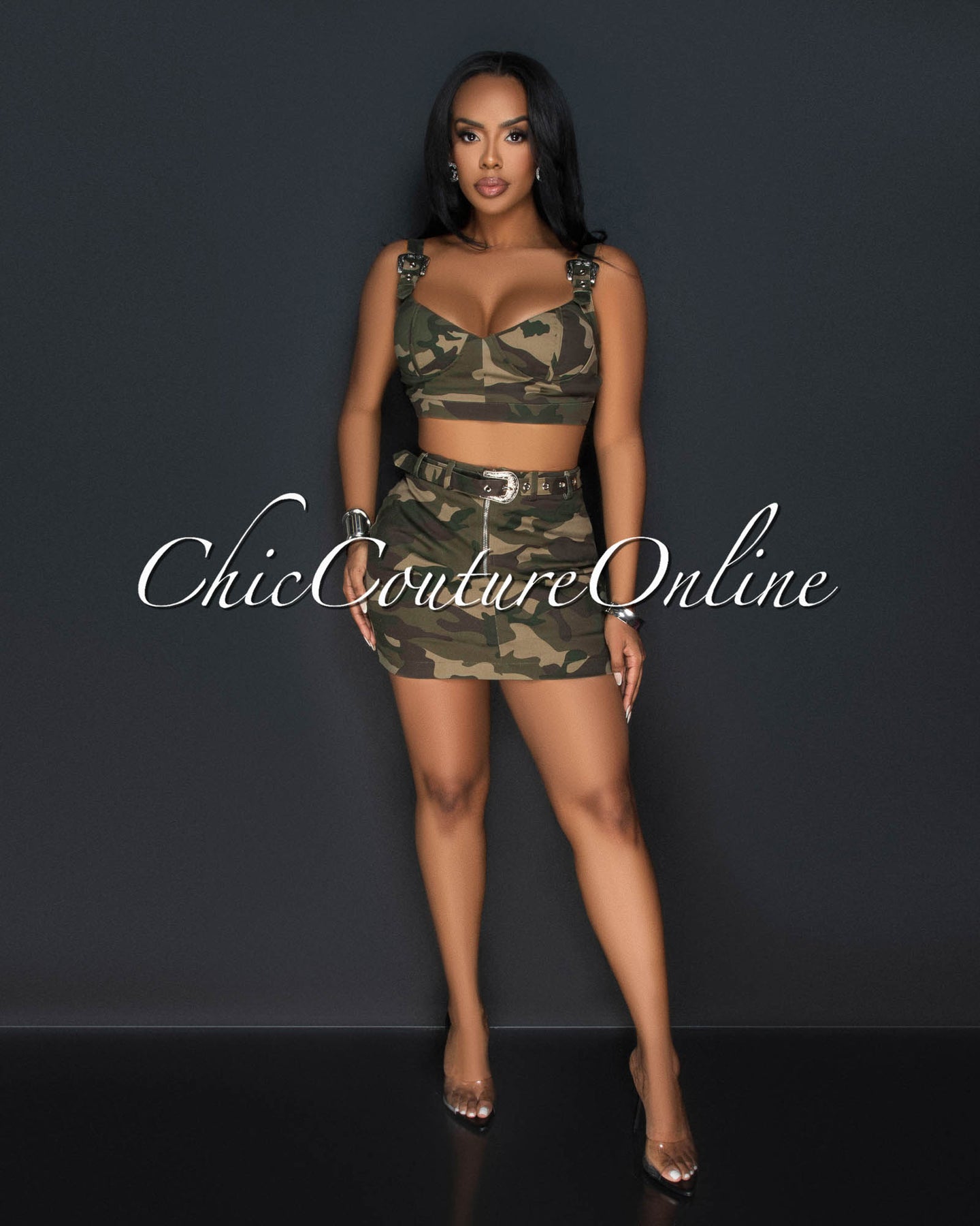 Zina Army Print Silver Belt Accent Top & Mini Skirt Set