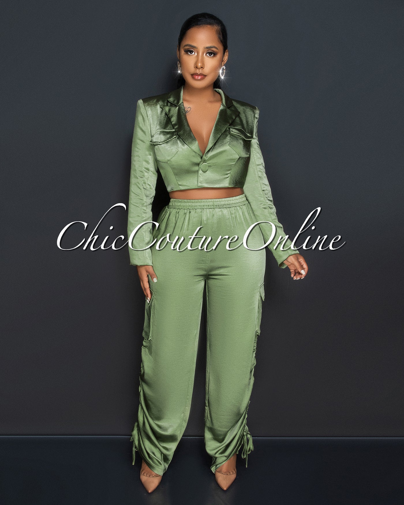 Vonetta Olive Green Crop Blazer & Cargo Pants Silky Set