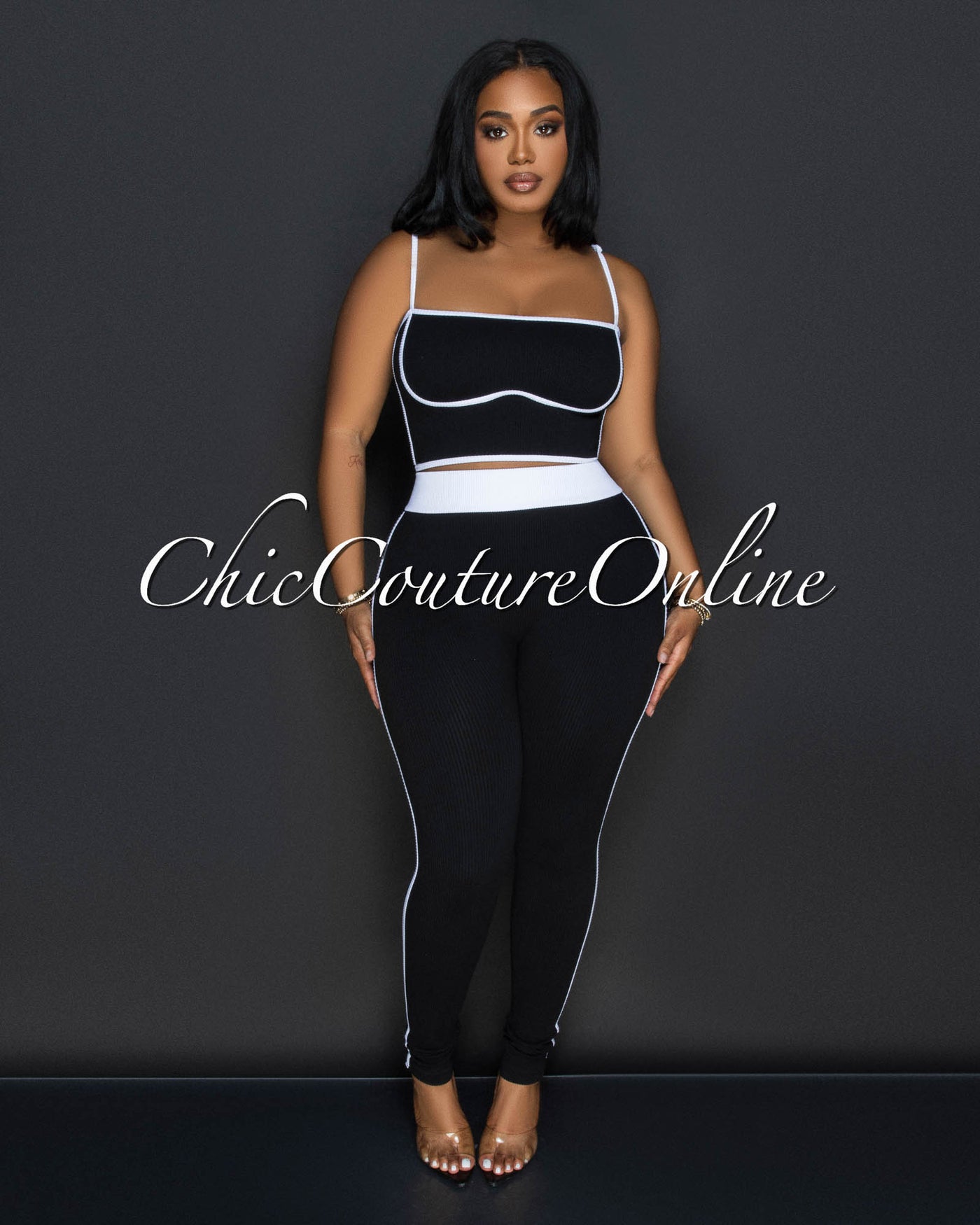 Manika Black White Crop Top & Leggings Ribbed Sculpting Set (9/11)