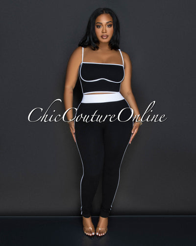 Manika Black White Crop Top & Leggings Ribbed Sculpting Set (9/11)