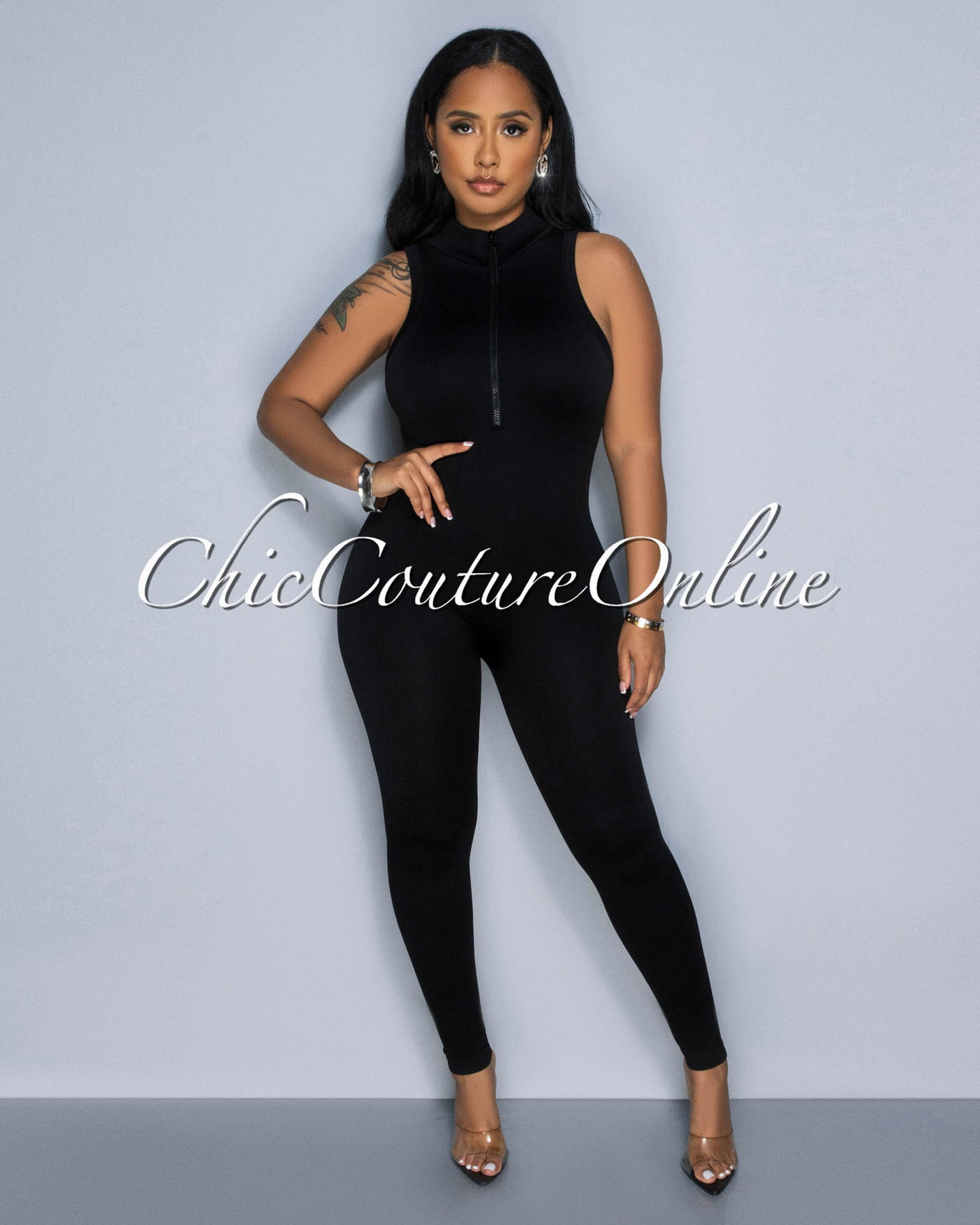 Lavia Black Front Zipper BodyCon Ribbed Jumpsuit
