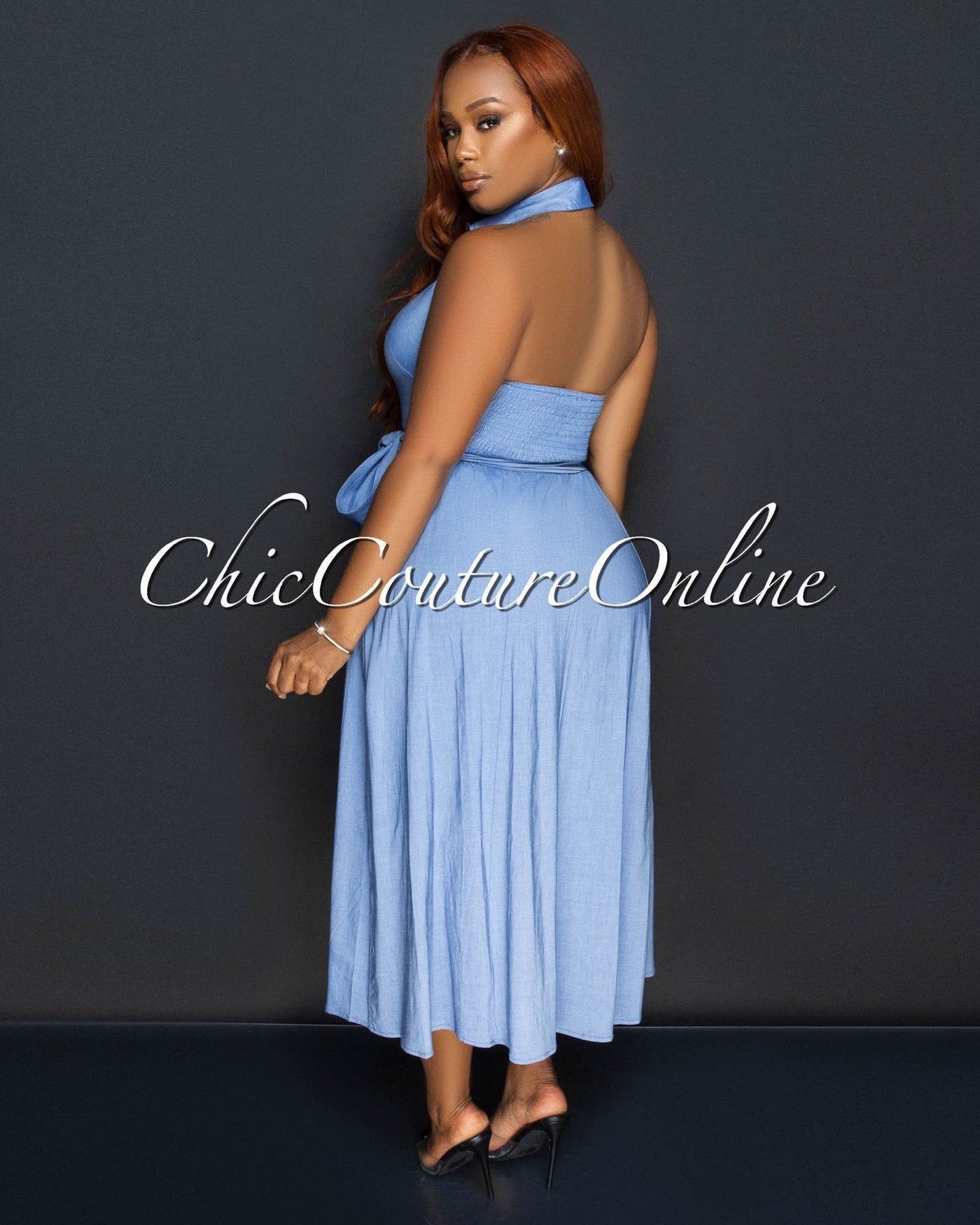 Louiza Blue Chambray Halter Midi Dress