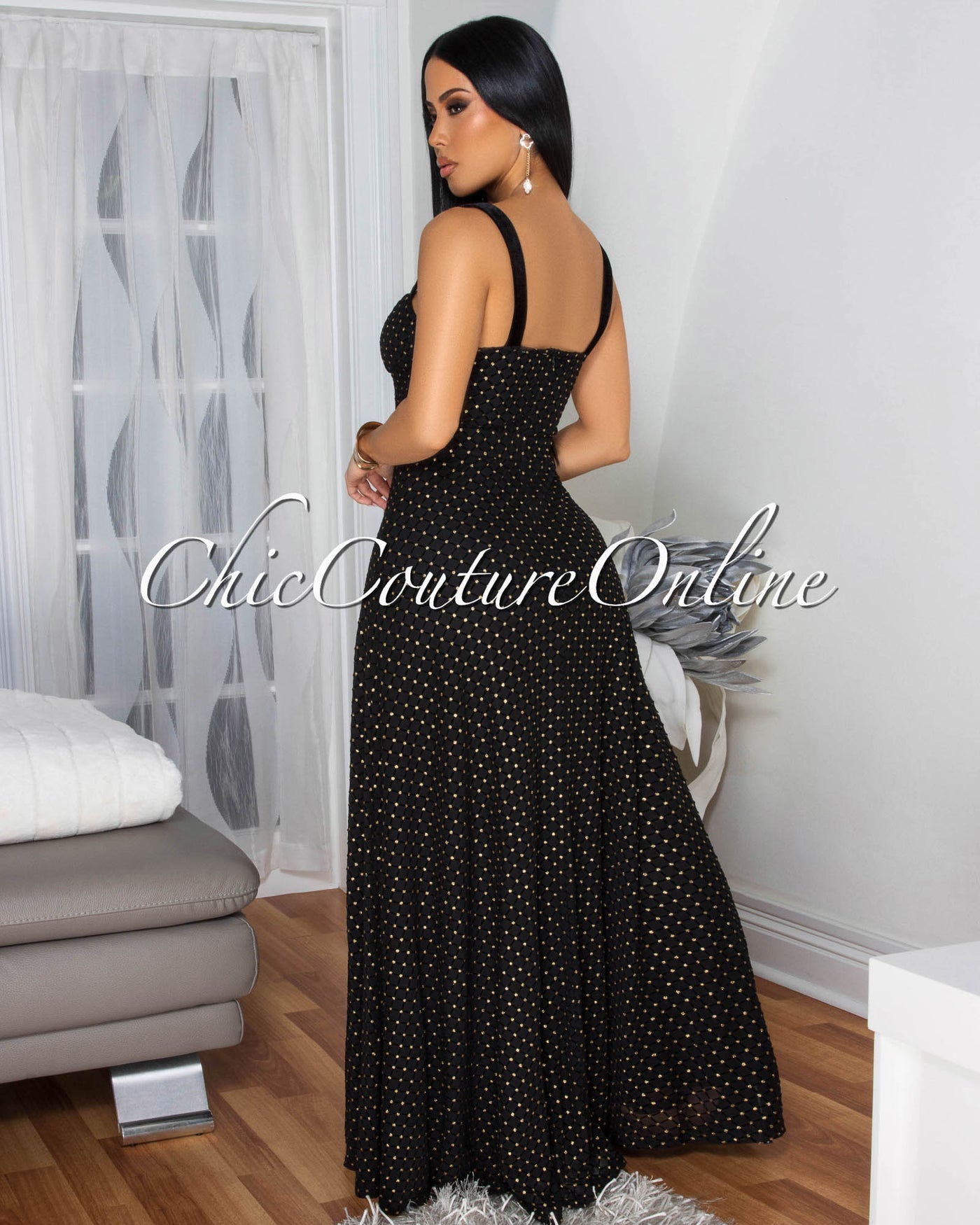 Martica Black Gold Polka Dots Maxi Dress