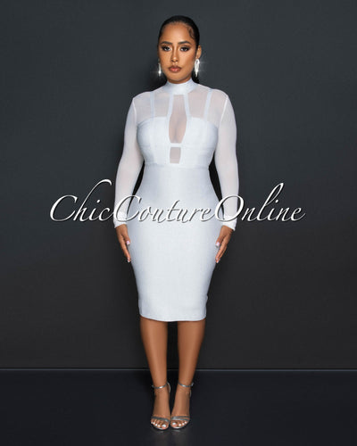 Farlane White Silver Shimmer Mesh Accent Bandage Dress