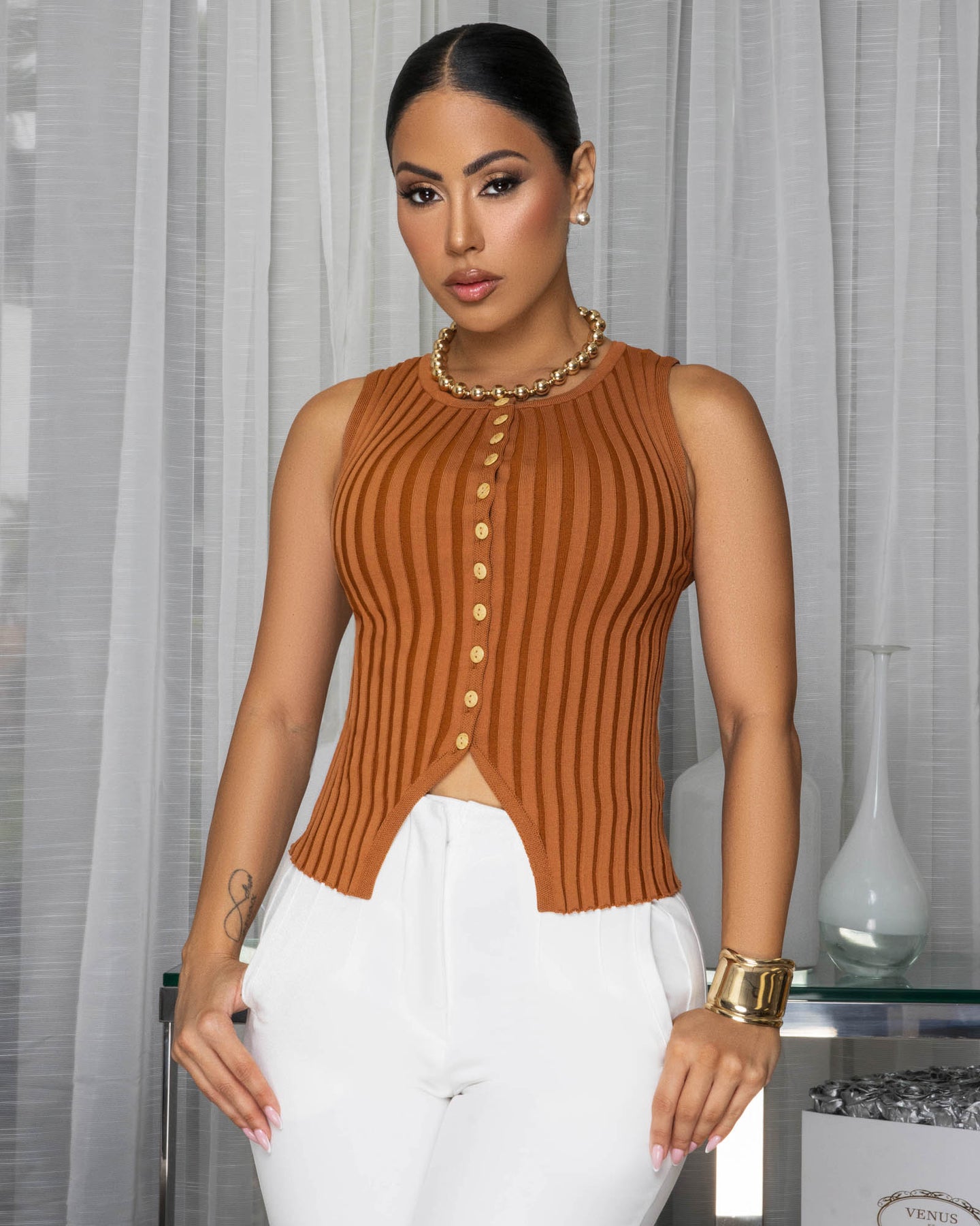 Jolene Camel Ribbed Top