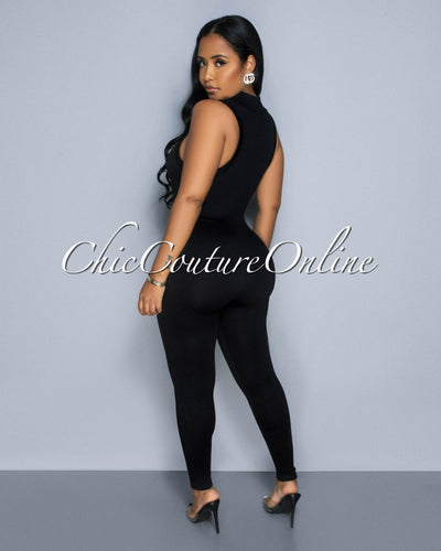 Lavia Black Front Zipper BodyCon Ribbed Jumpsuit