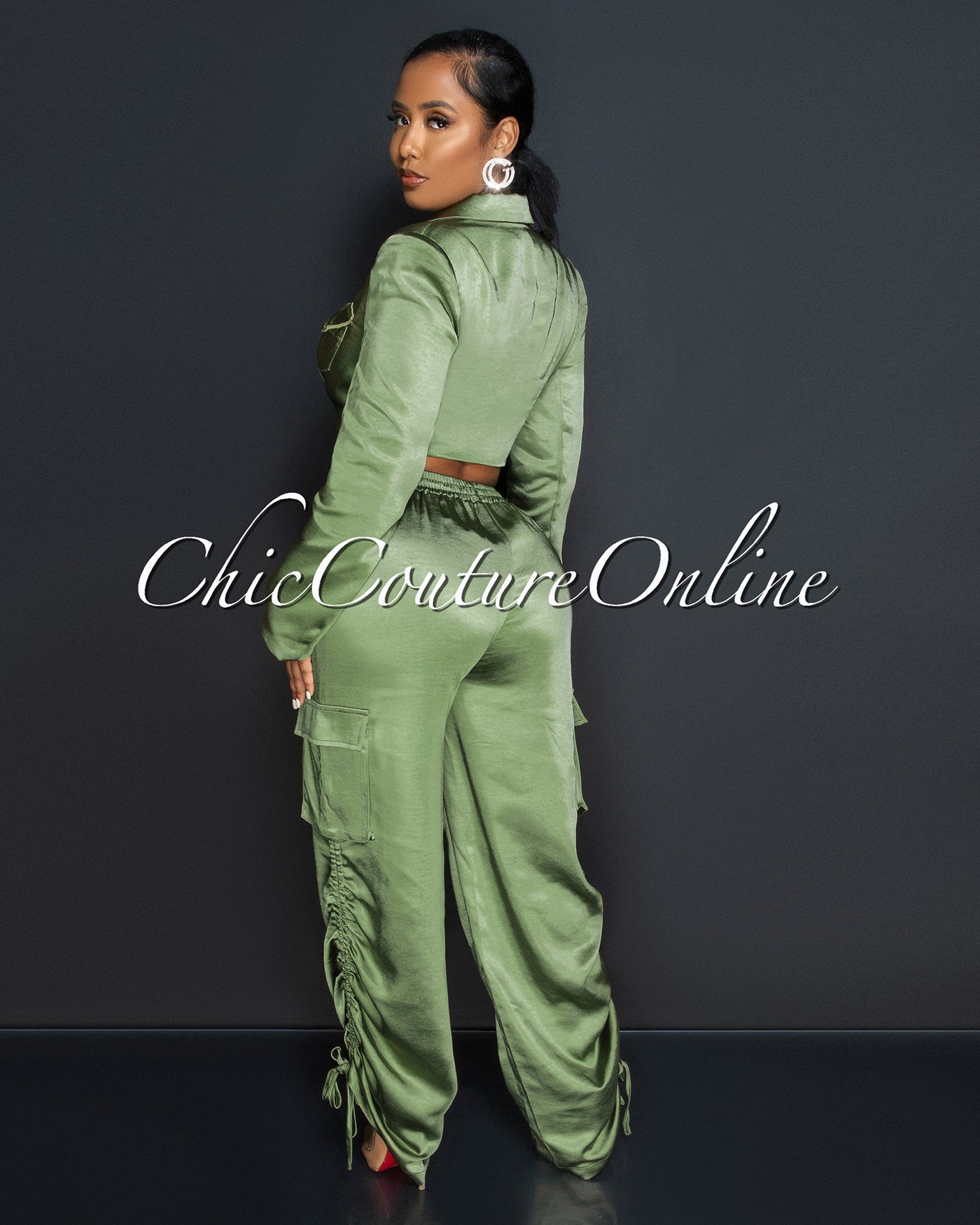 Vonetta Olive Green Crop Blazer & Cargo Pants Silky Set