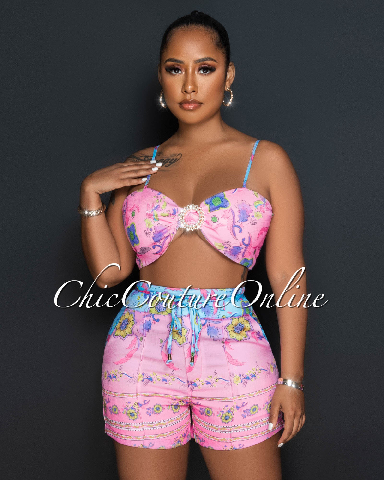 Hamar Pink Multi-Color Print Crop Top & Shorts Set