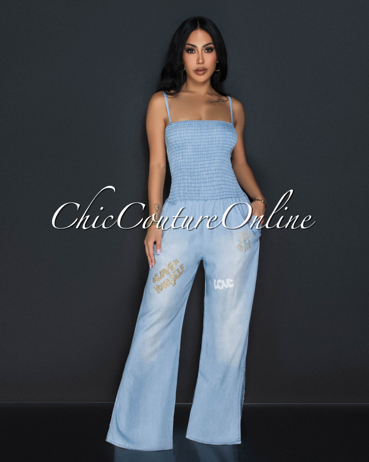 Malaya Light Denim Glitter Design Smocked Top Widelegs Jumpsuit