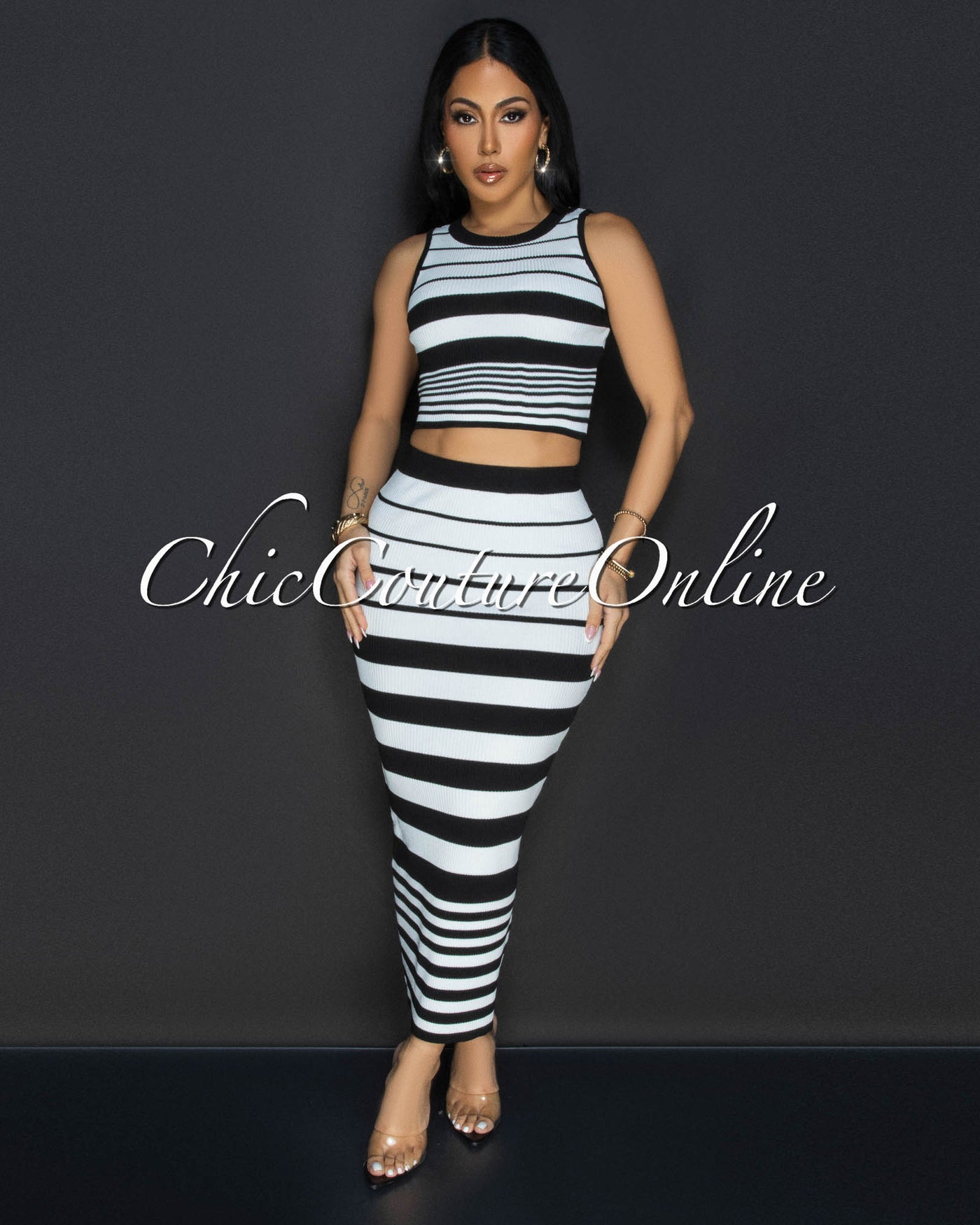 Evaline White Black Stripes Top & Midi Skirt Set