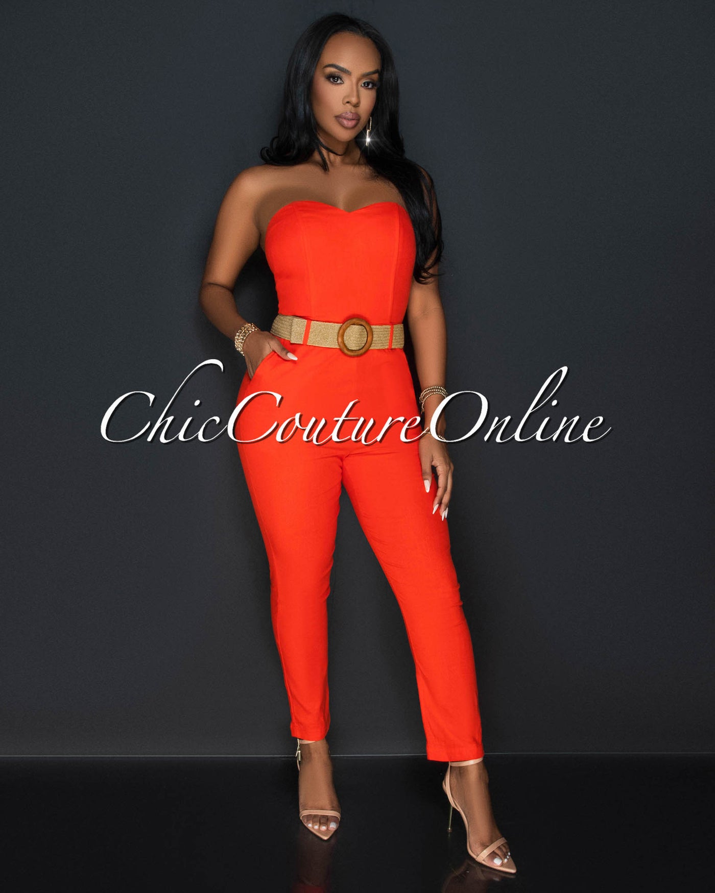 Kristi Orange Strapless Woven Belt Slim Legs Jumpsuit