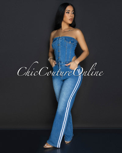 Gemine Denim White Stripes Strapless Jumpsuit