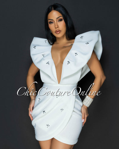 Rafalle Off-White Rhinestones Accents Mini Ponti Dress