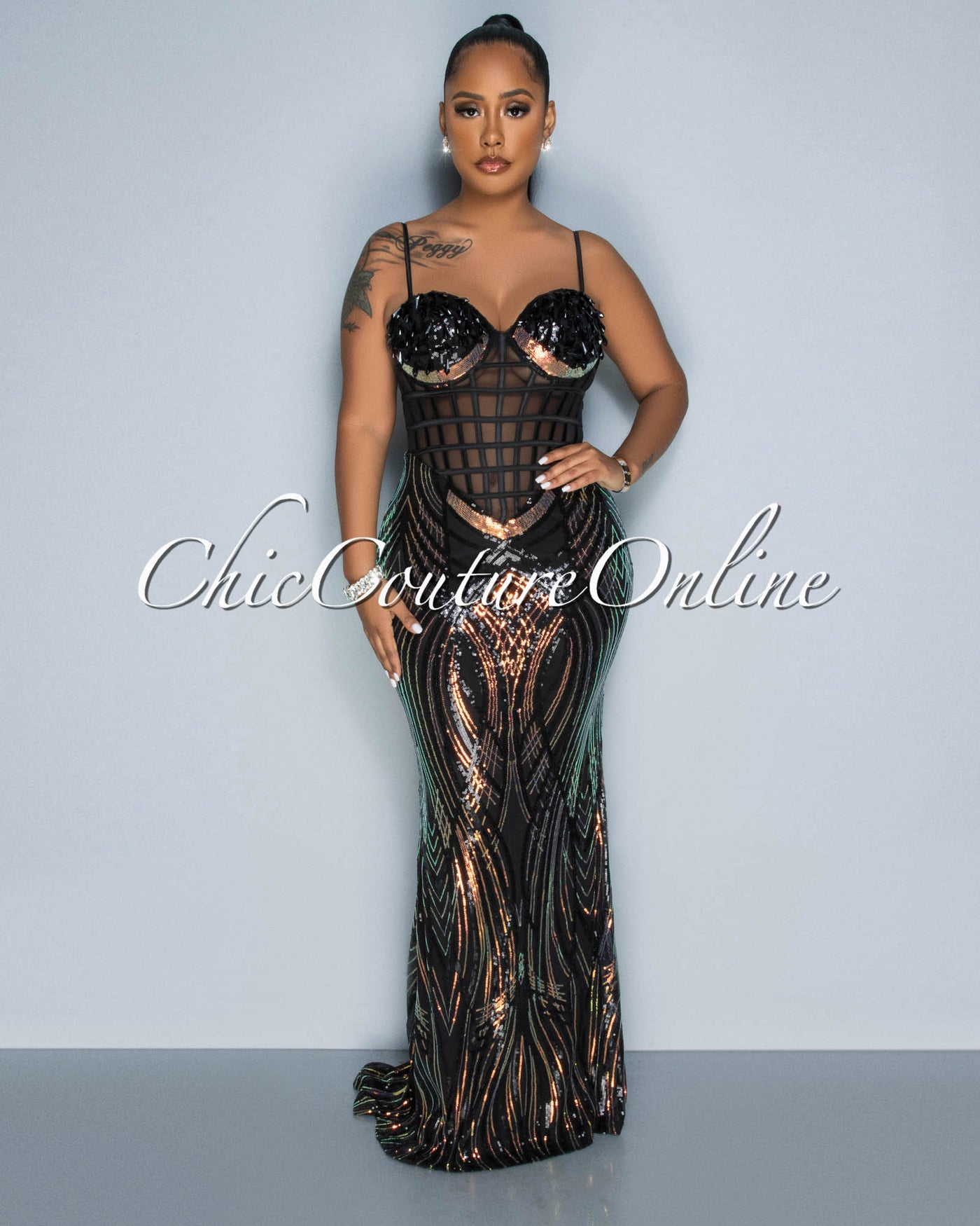 Gaita Black Iridescent Sequins & Rhinestones Lattice Maxi Dress