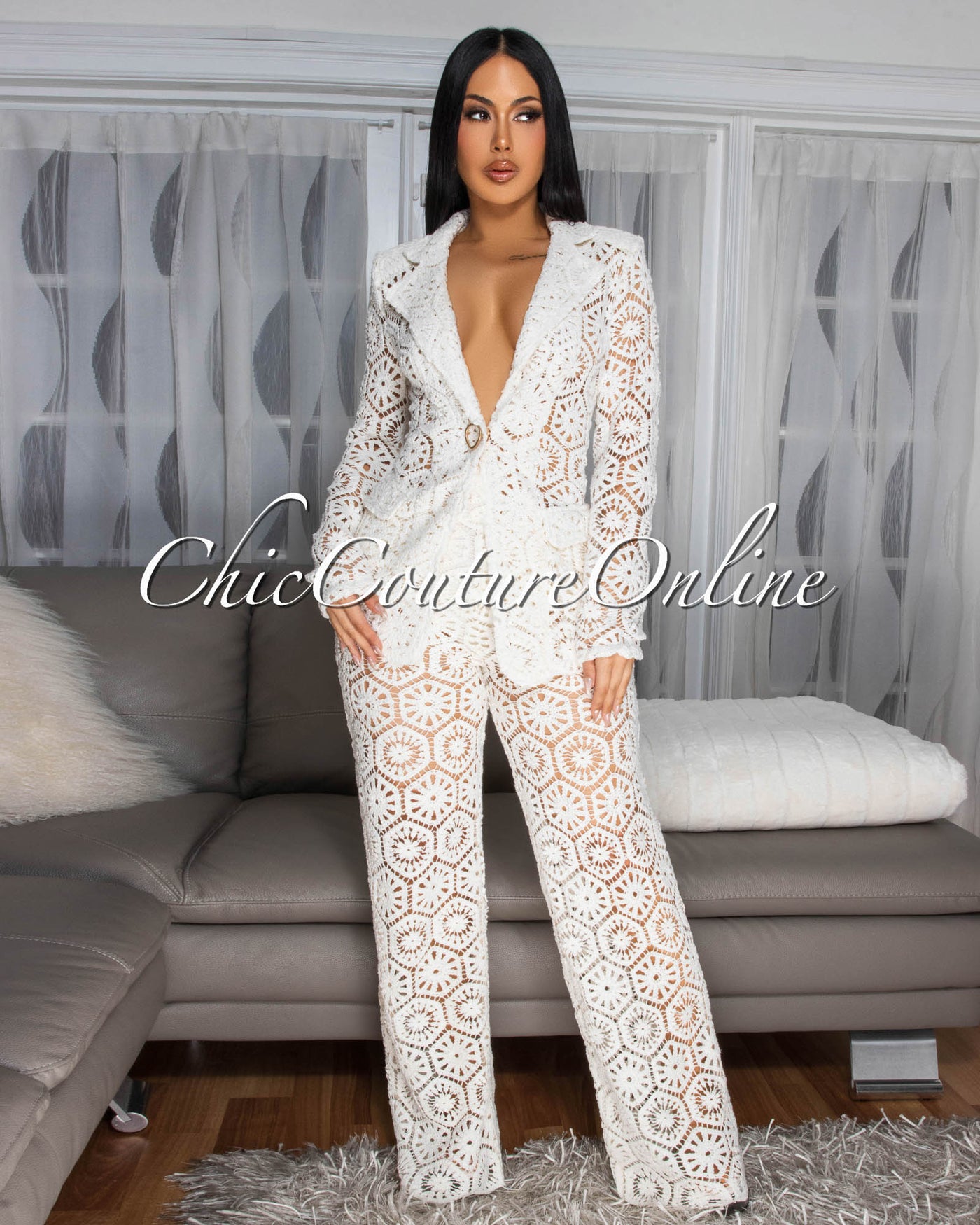 Kanis Cream Crochet Blazer Pants Suit