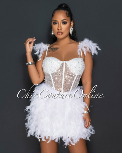Sabel White Sequins Feathers & Rhinestones Dress