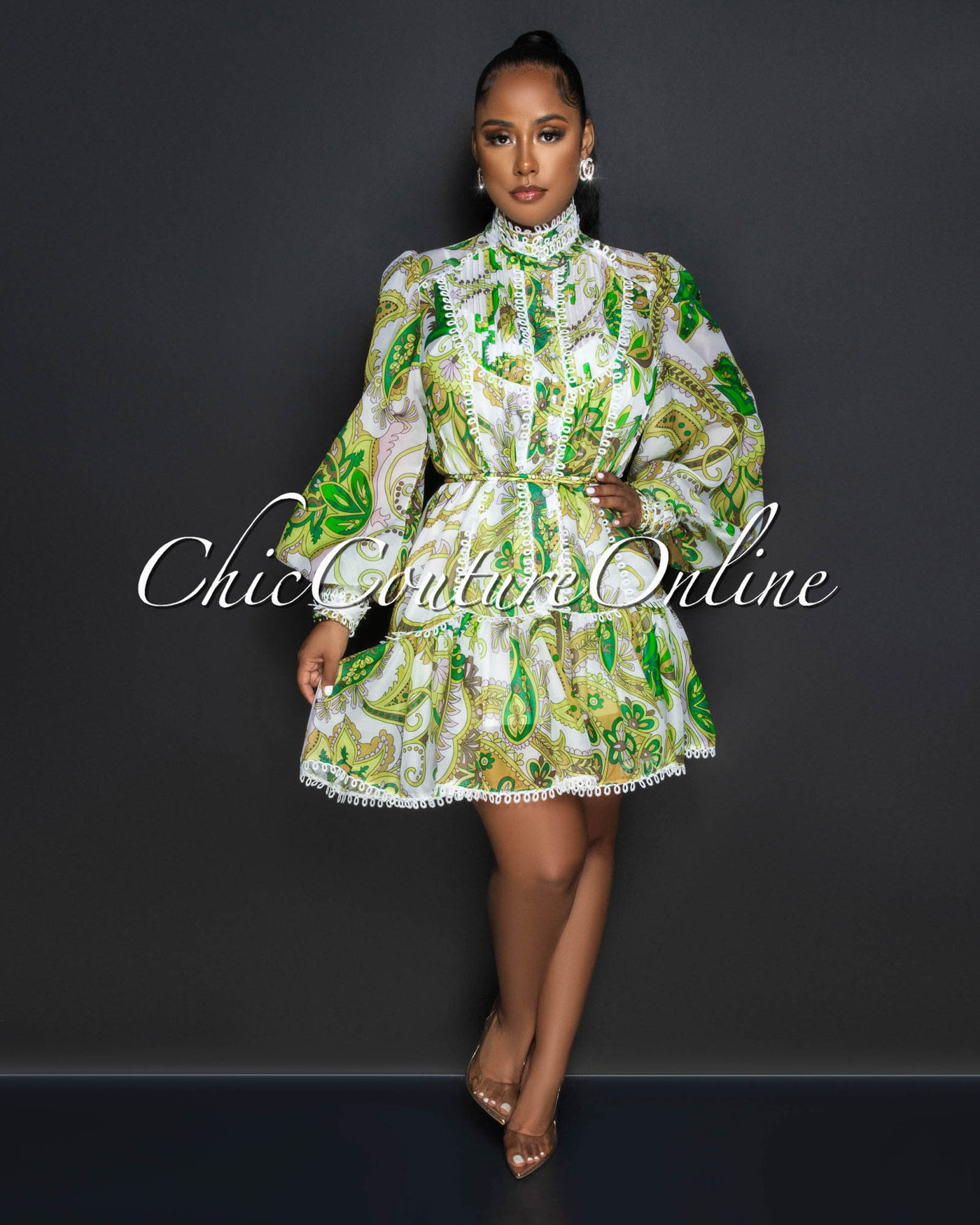 Sonica Green Multi-Color Print Self-Tie Belt Skater Dress