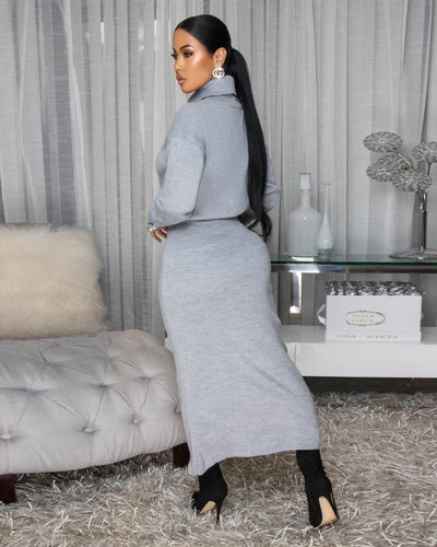 Faedra Grey Knit Sweater Maxi Skirt Set