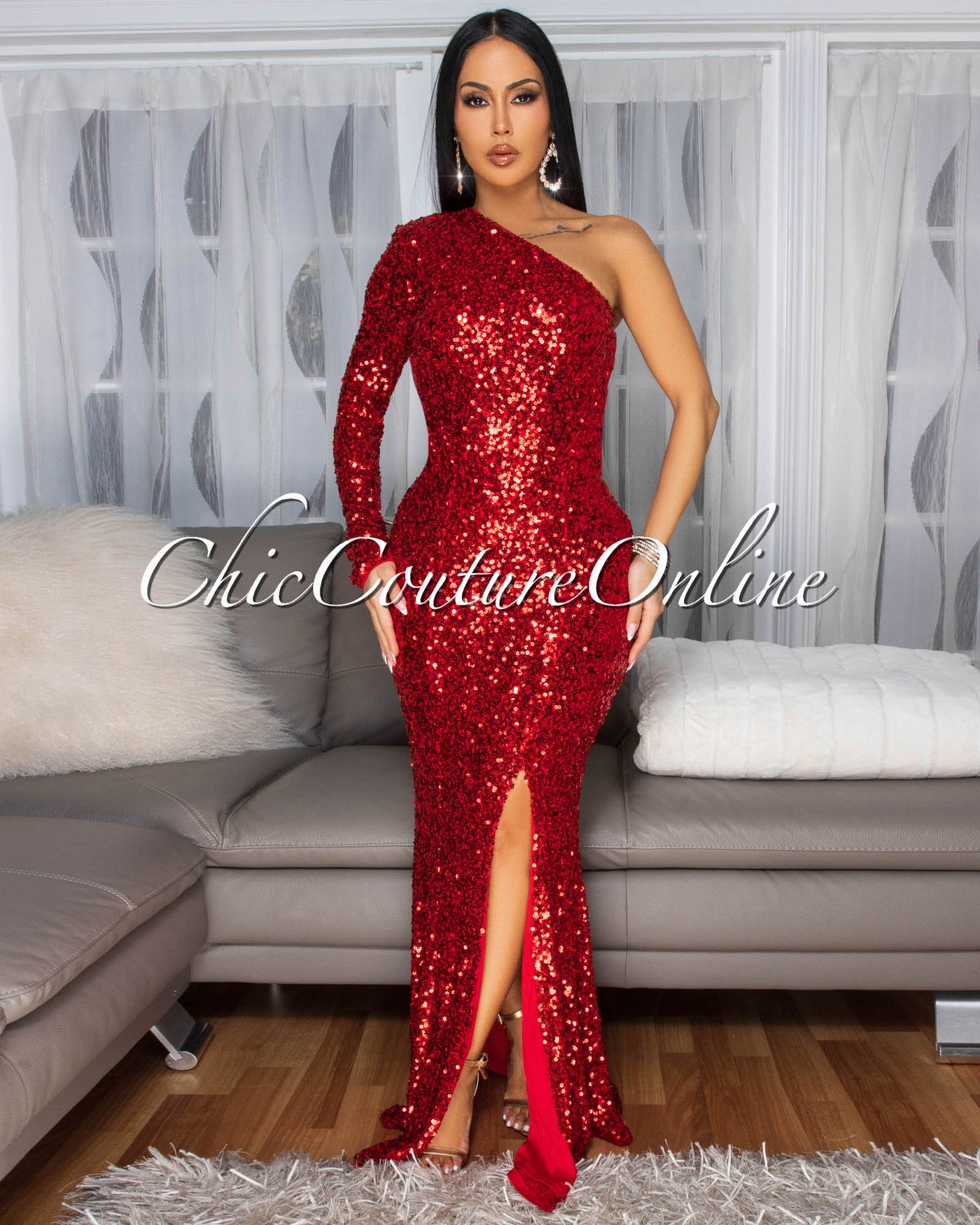 Prima Red Sequins Side Slit Single Shoulder Gown