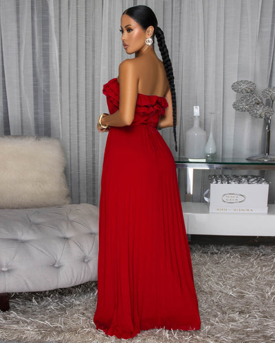 Sophonie Wine Red Pleated Strapless Maxi Dress
