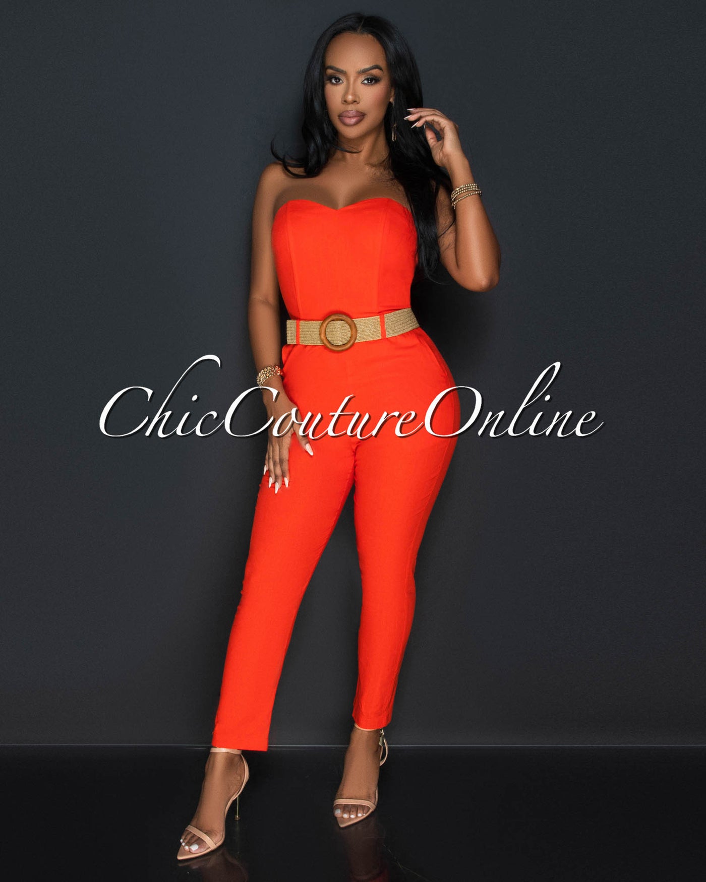 Kristi Orange Strapless Woven Belt Slim Legs Jumpsuit