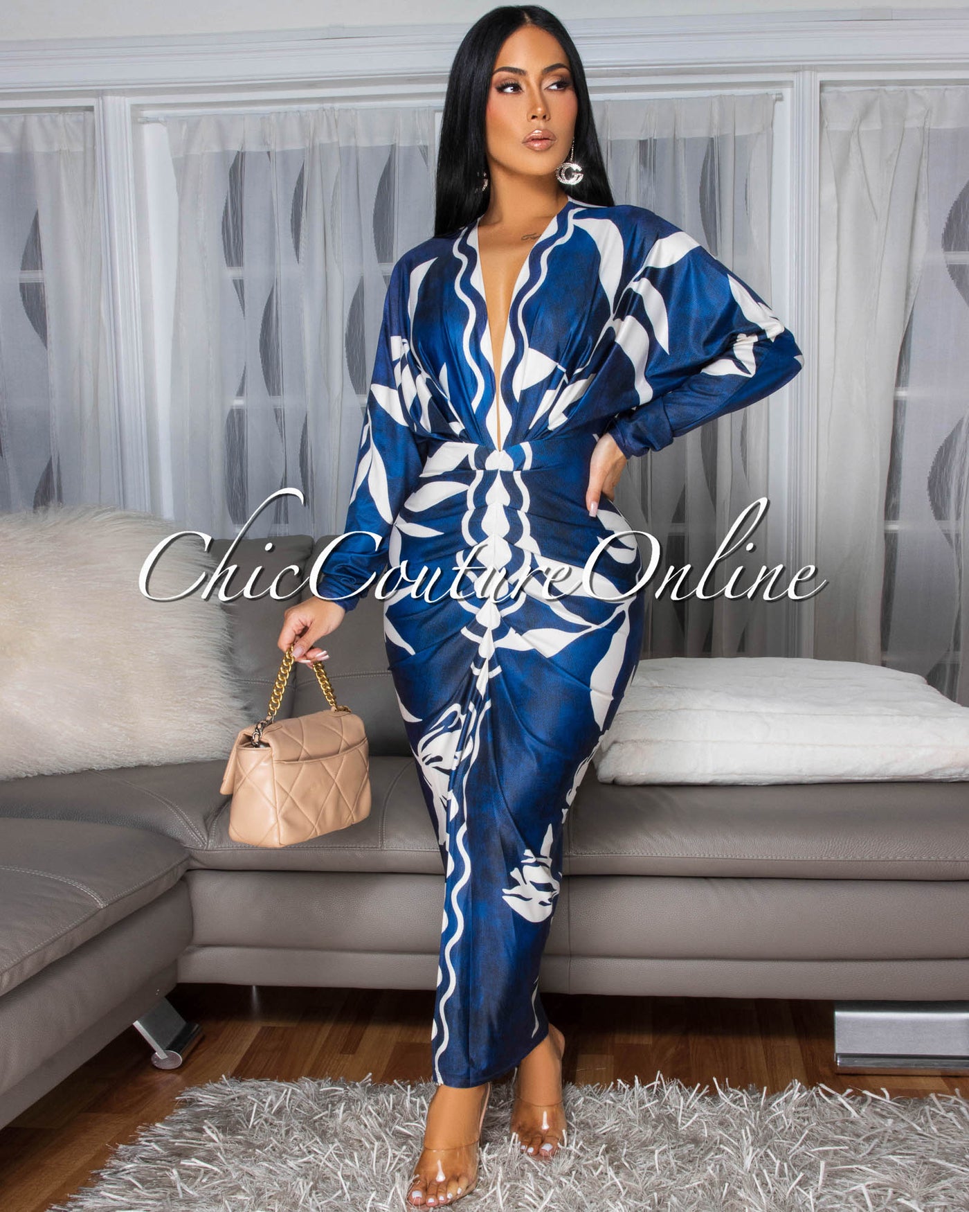 Maluma Blue Cream Print Midi Dress