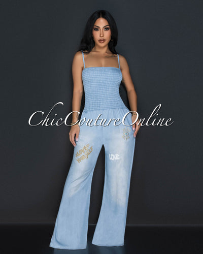 Malaya Light Denim Glitter Design Smocked Top Widelegs Jumpsuit