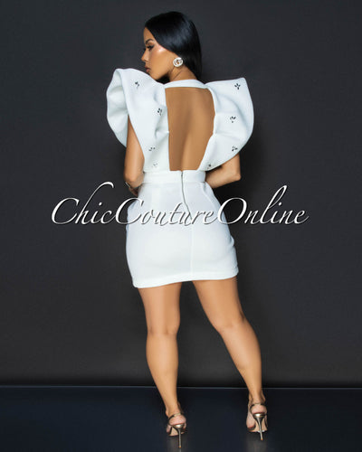 Rafalle Off-White Rhinestones Accents Mini Ponti Dress