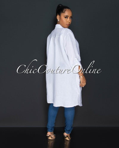 Cheyenne White Front Buttons Shirt LINEN Midi Dress