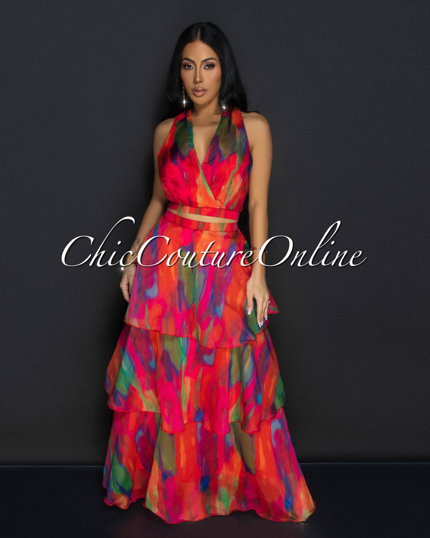 Donica Red Multi Print Crop Top & Tier Maxi Skirt Set