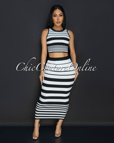 Evaline White Black Stripes Top & Midi Skirt Set