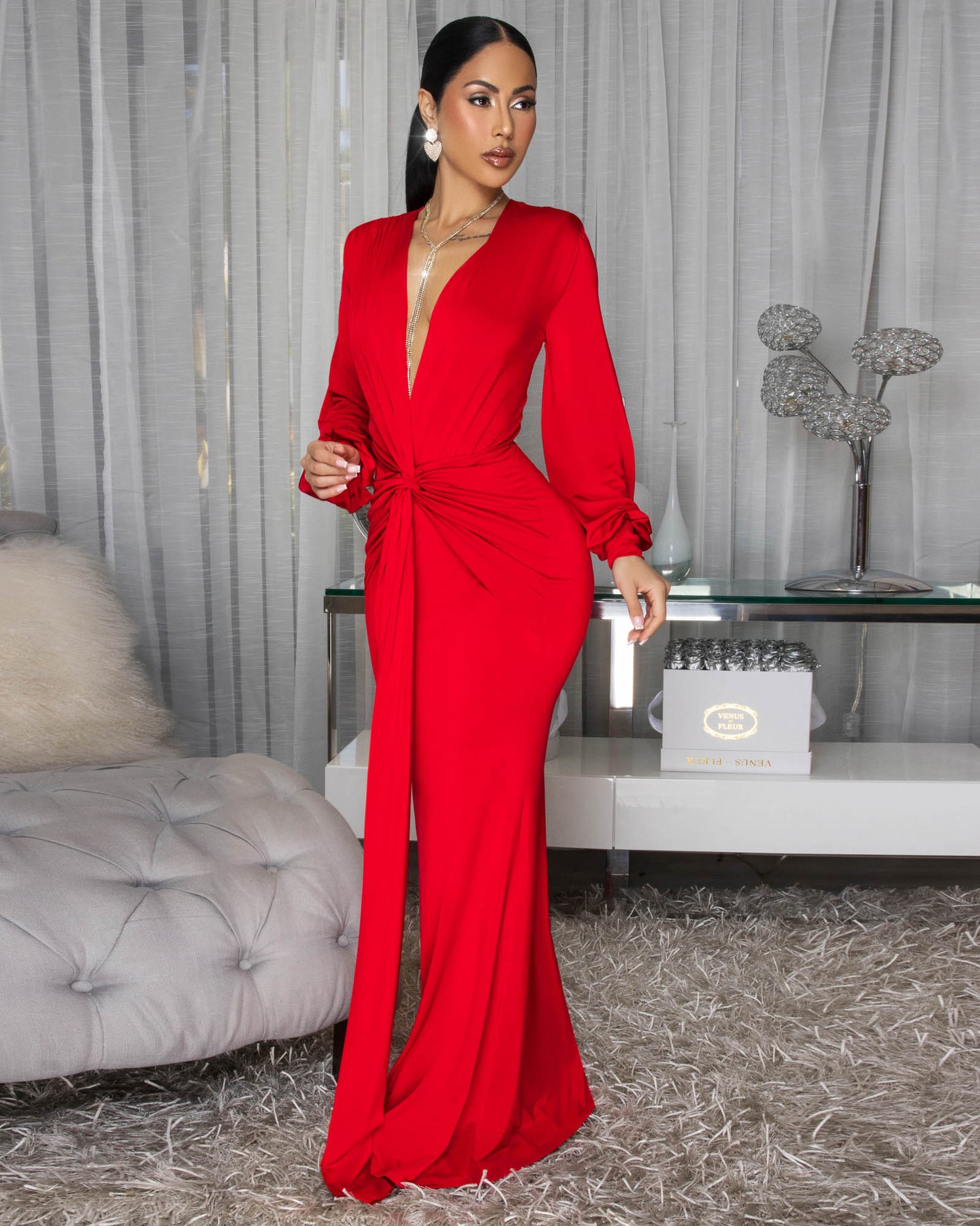 Macy Red Knot Front Maxi Dress