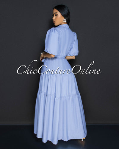 Locina Blue Stripes Ruffle Maxi Dress