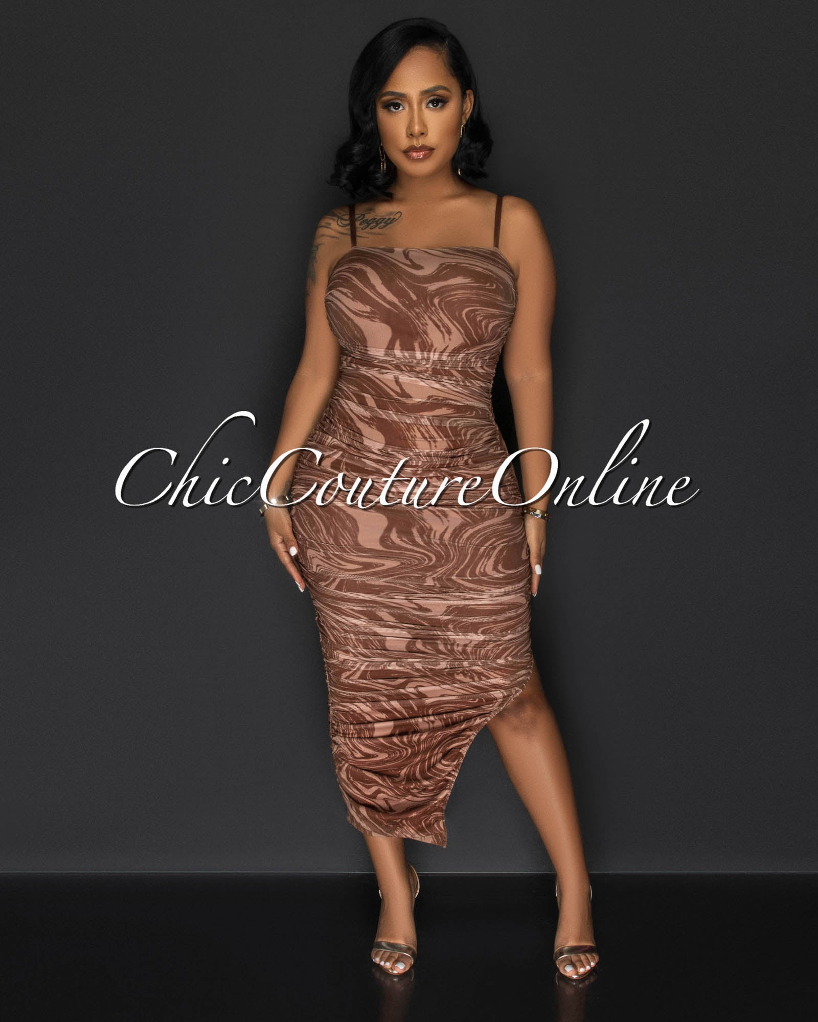 *Henley Brown Print Mesh Ruched Side Slit Maxi Dress