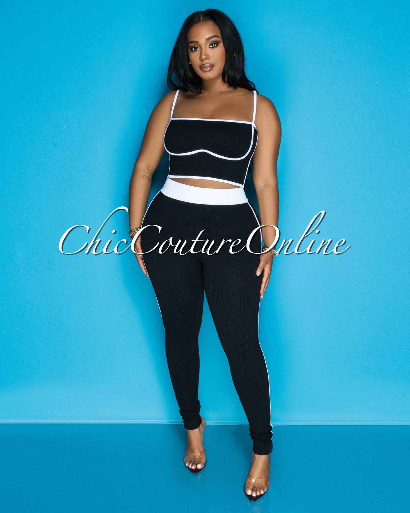 Manika Black White Crop Top & Leggings Ribbed Sculpting Set