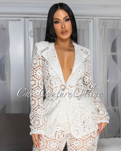 Kanis Cream Crochet Blazer Pants Suit