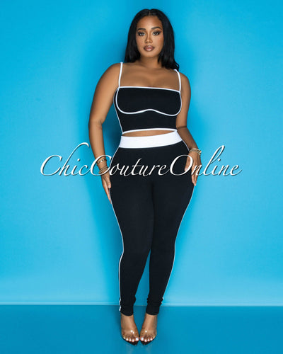 Manika Black White Crop Top & Leggings Ribbed Sculpting Set (9/11)