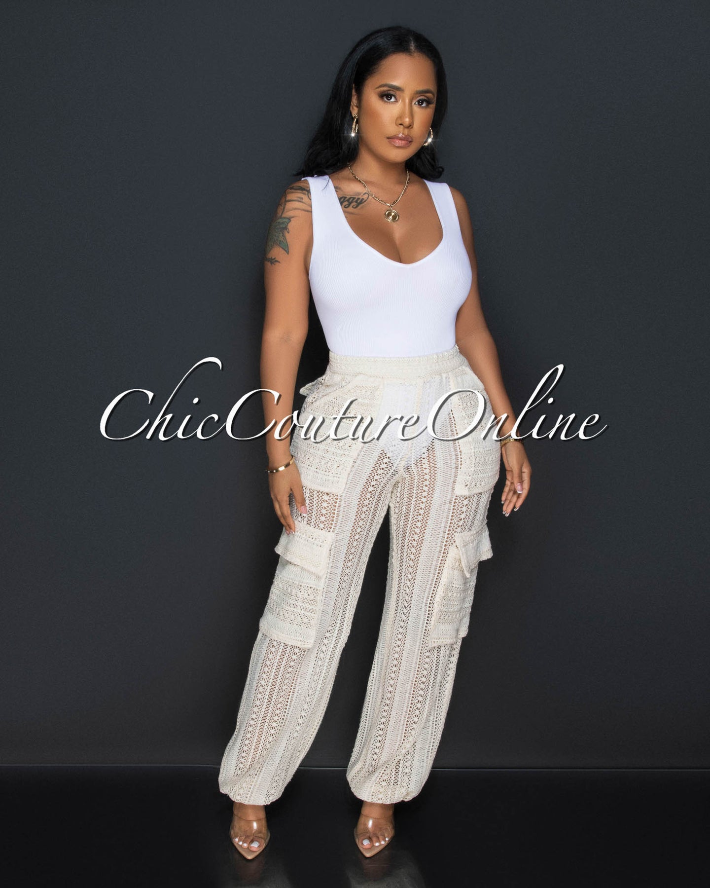 Jadar Nude Crochet Cargo Cover-Up Pants
