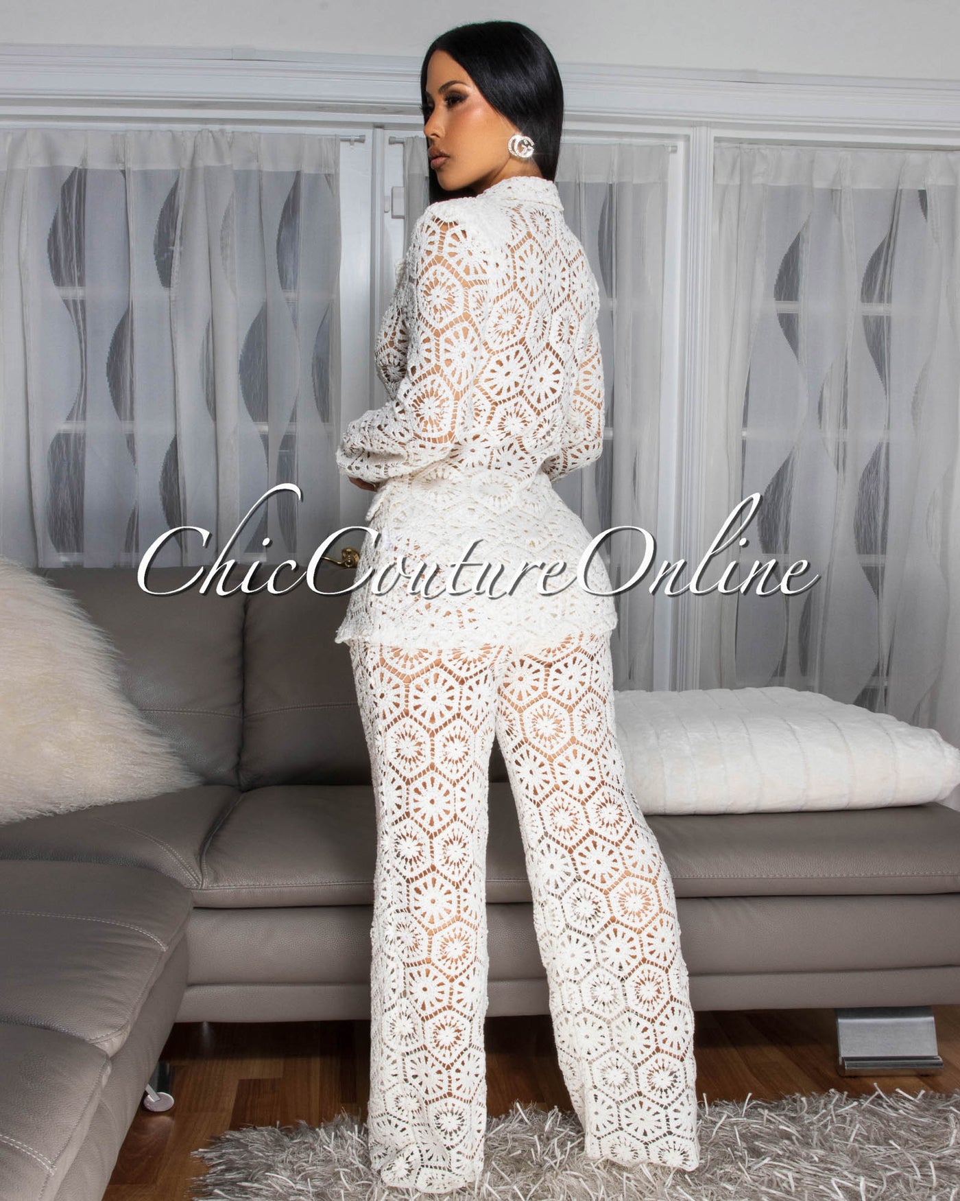 Kanis Cream Crochet Blazer Pants Suit