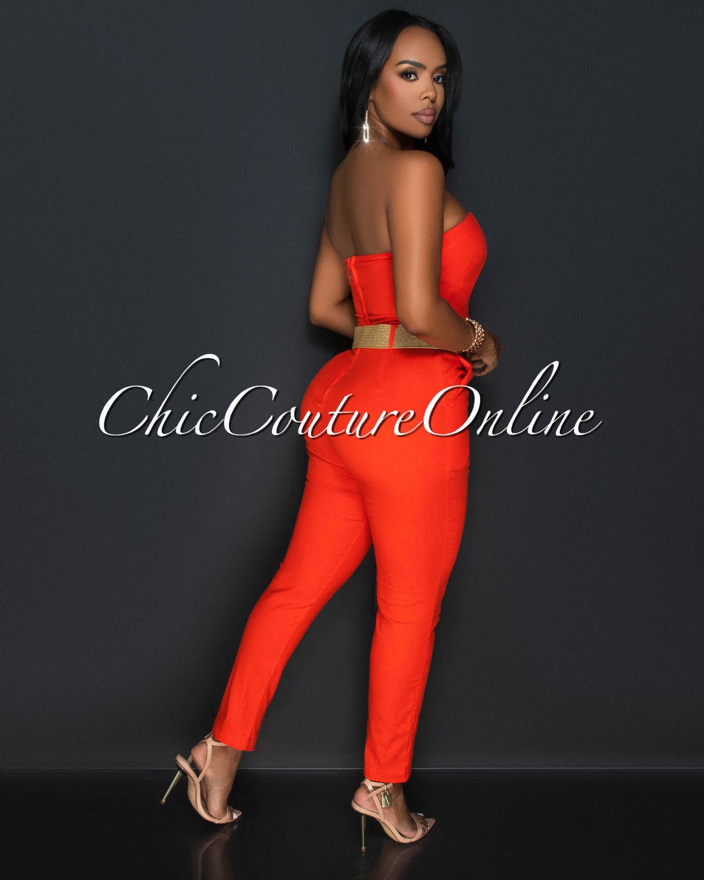 Kristi Orange Strapless Woven Belt Slim Legs Jumpsuit