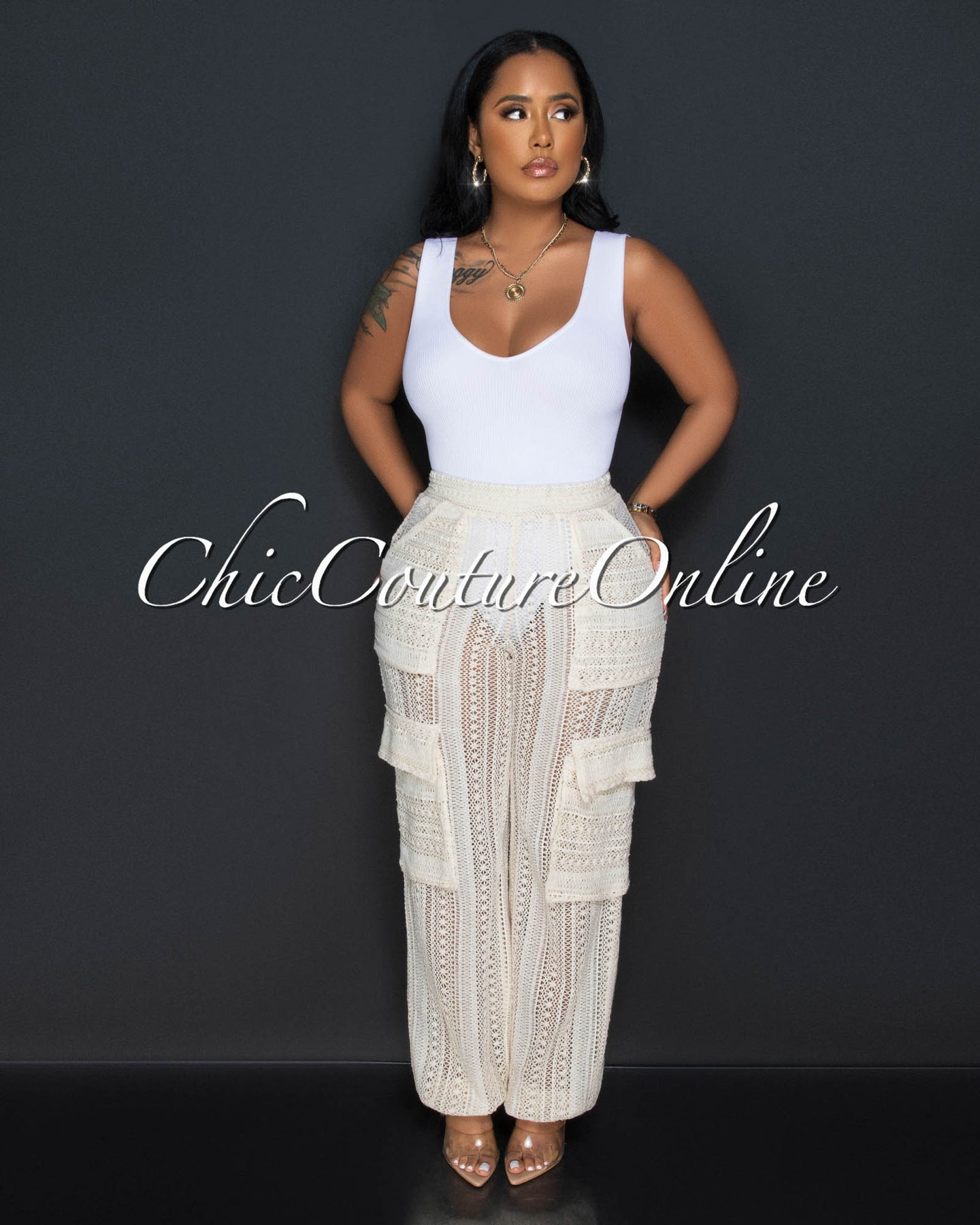 *Jadar Nude Crochet Cargo Cover-Up Pants