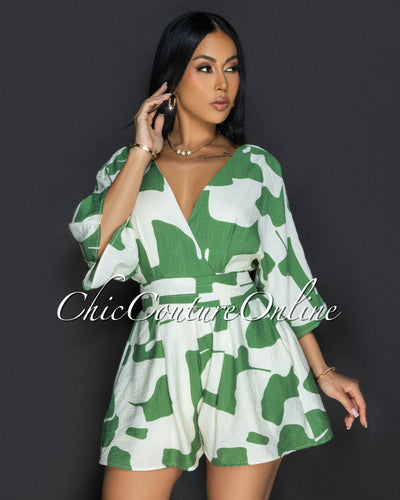 Emba Green Beige Print Romper