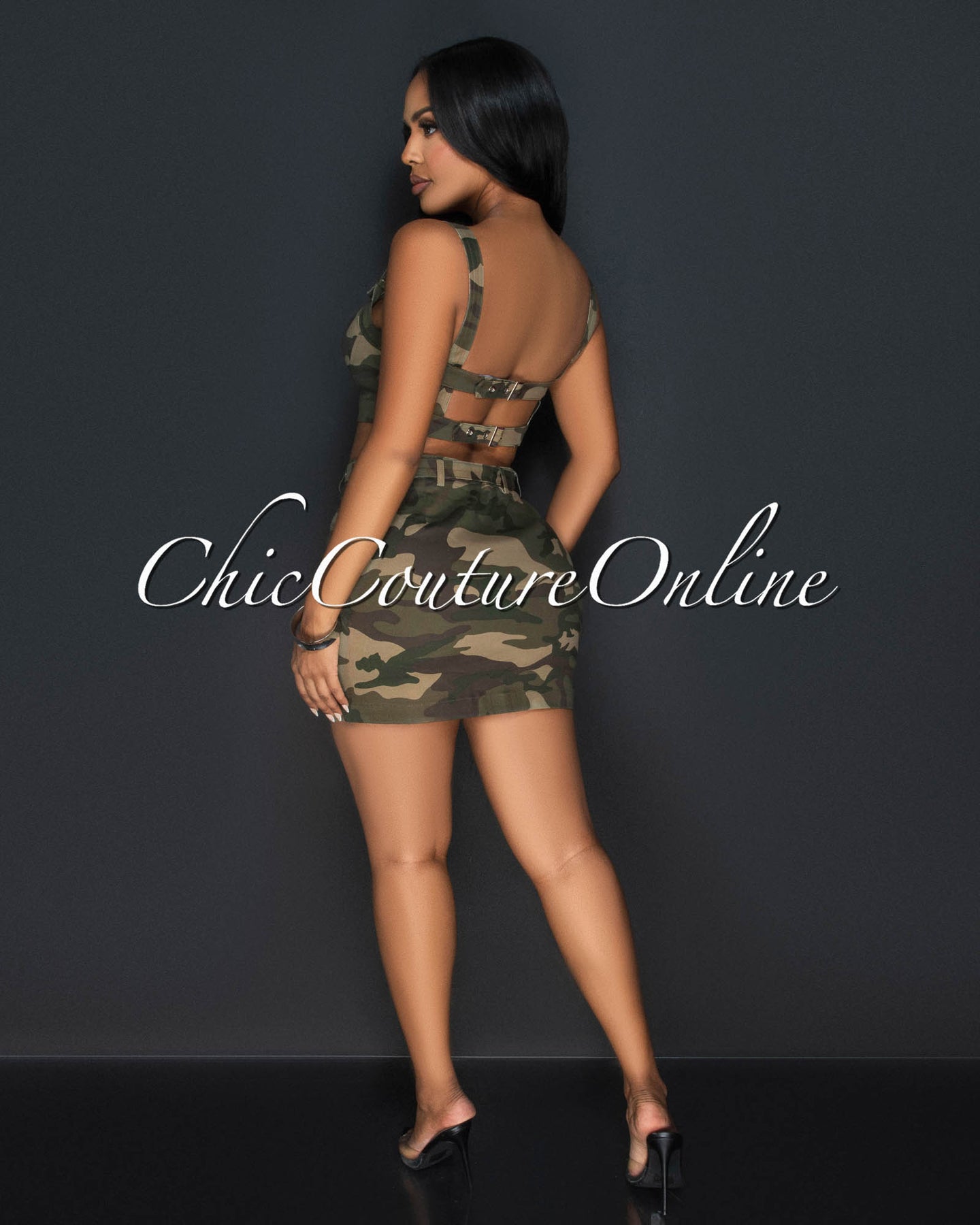 *Zina Army Print Silver Belt Accent Top & Mini Skirt Set