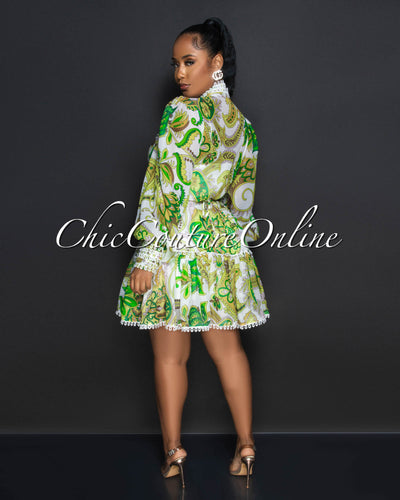 Sonica Green Multi-Color Print Self-Tie Belt Skater Dress