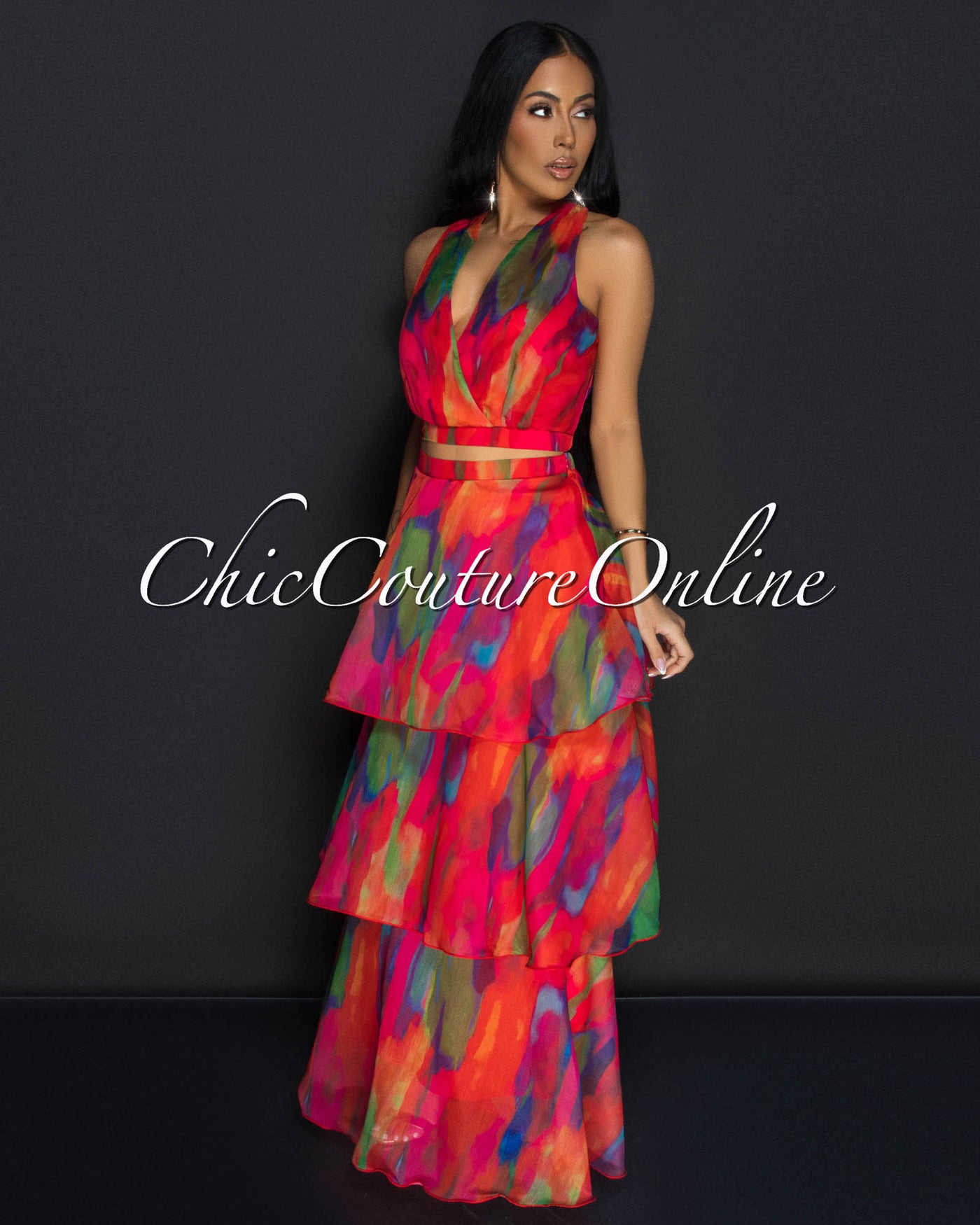 Donica Red Multi Print Crop Top & Tier Maxi Skirt Set