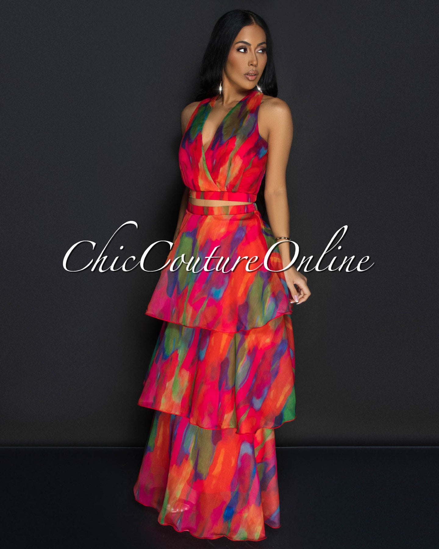 Donica Multi Print Crop Top & Tier Maxi Skirt Set