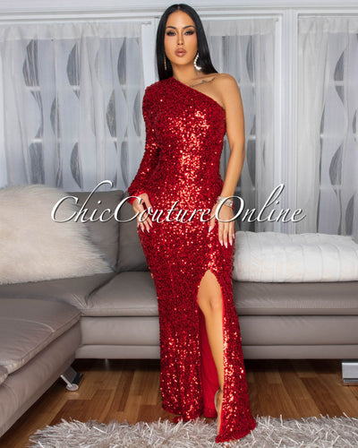 Prima Red Sequins Side Slit Single Shoulder Gown