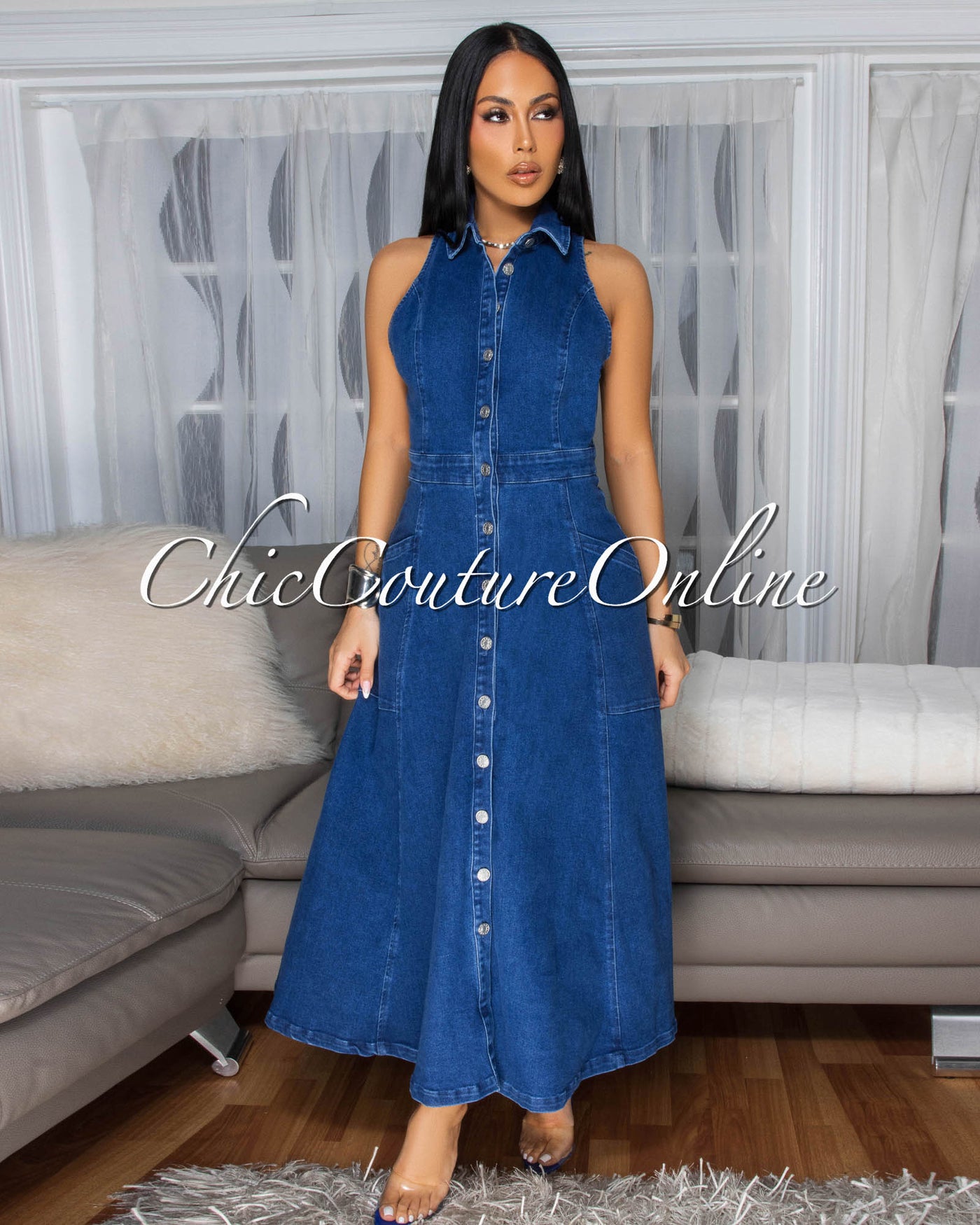 Elvira Medium-Blue Denim Button Front Maxi Dress