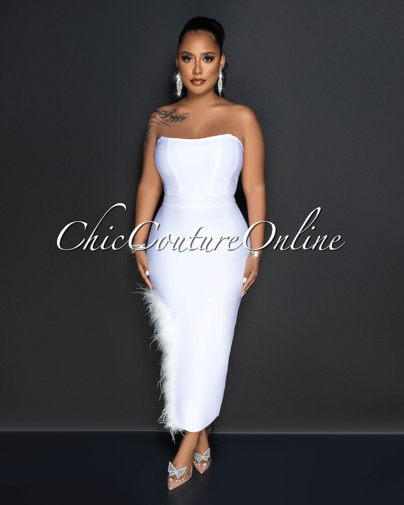 Elisha Off-White Feather Leg Slit Accent Bandage Midi Dress